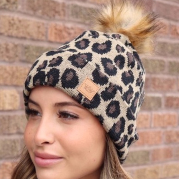 Accessories - Leopard Print Pom Beanie